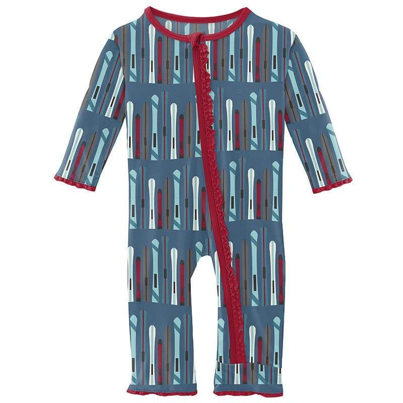 Girl's Print Bamboo Muffin Ruffle Coverall with Zipper - Twilight Skis