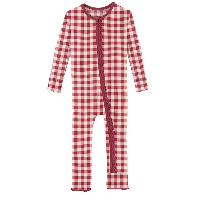 Girl's Print Bamboo Muffin Ruffle Coverall with Zipper - Wild Strawberry Gingham