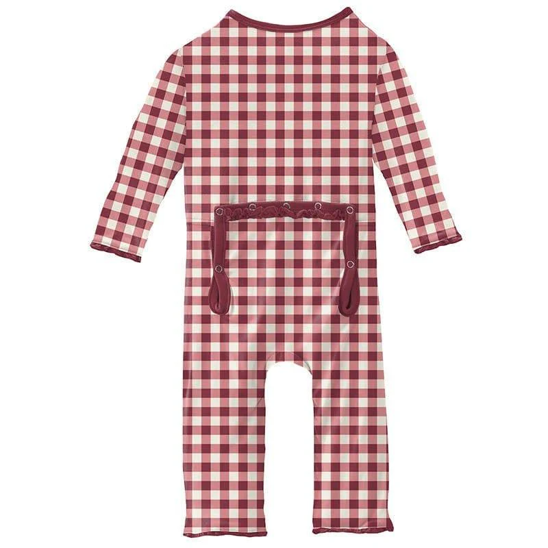 Girl's Print Bamboo Muffin Ruffle Coverall with Zipper - Wild Strawberry Gingham - Image 2