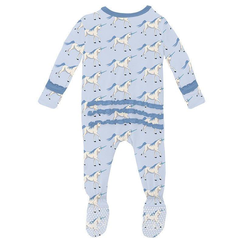 Girl's Print Bamboo Muffin Ruffle Footie with 2-Way Zipper - Dew Prancing Unicorn - Image 2
