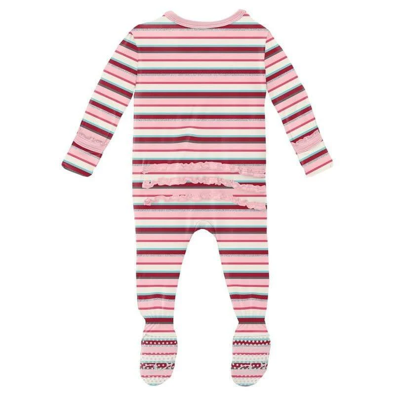 Girl's Print Bamboo Muffin Ruffle Footie with Zipper - Anniversary Bobsled Stripe (WCA22) - Image 2