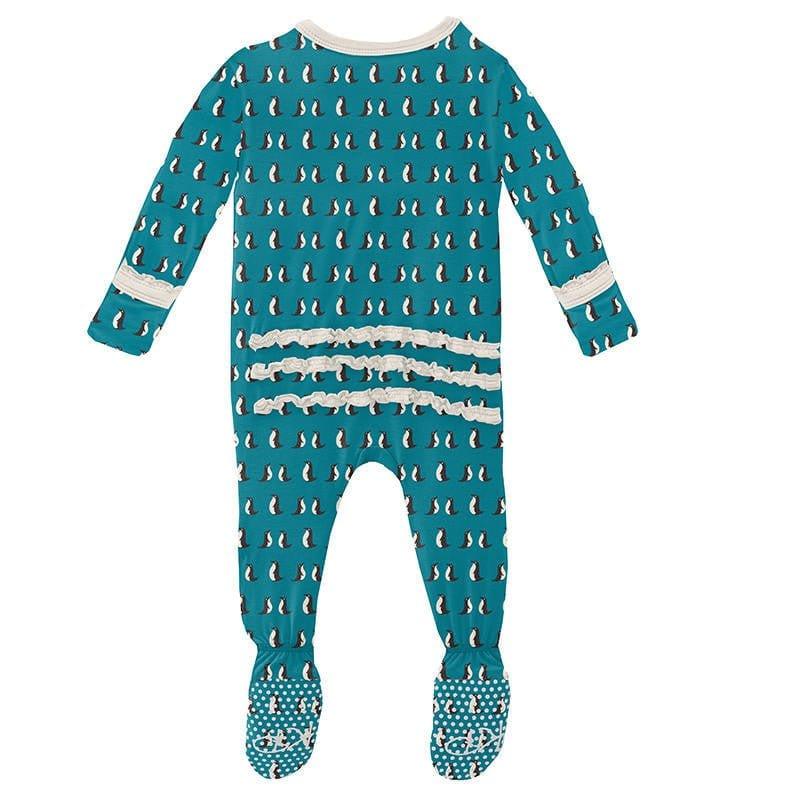 Girl's Print Bamboo Muffin Ruffle Footie with Zipper - Bay Penguins - Image 2
