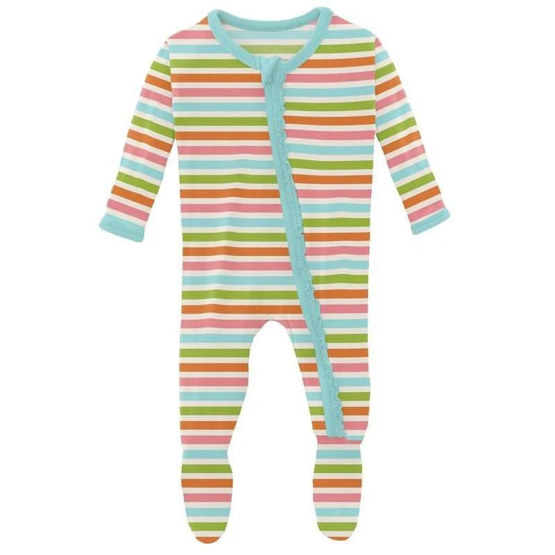 Girl's Print Bamboo Muffin Ruffle Footie with Zipper - Beach Day Stripe