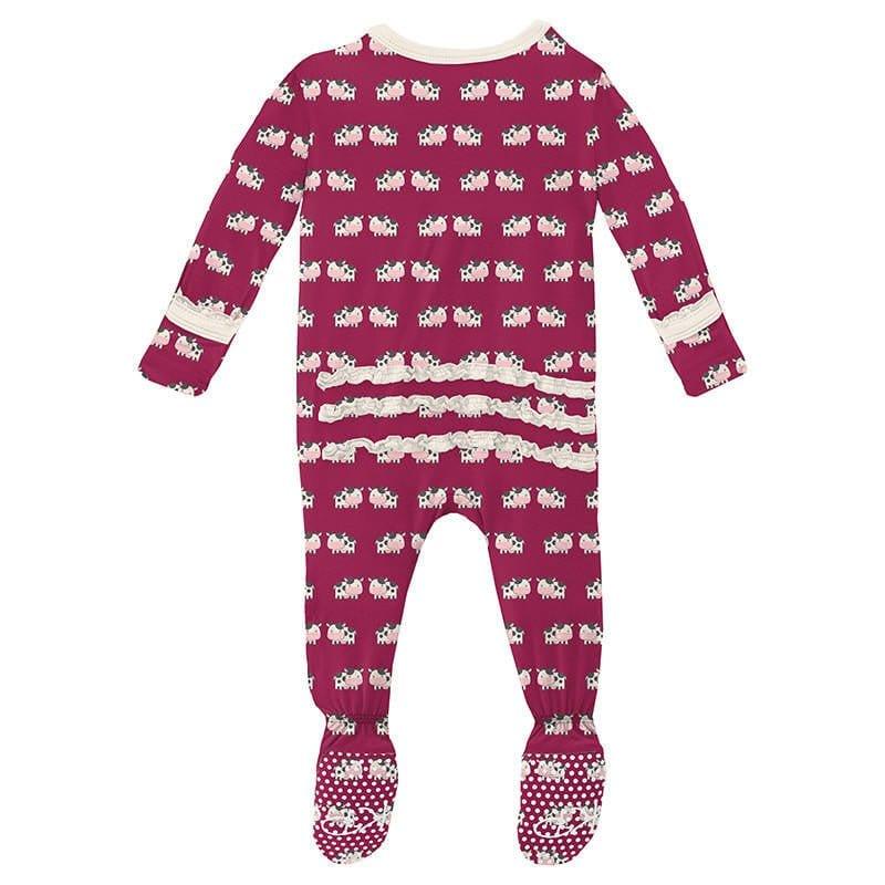 Girl's Print Bamboo Muffin Ruffle Footie with Zipper - Berry Cow (15ANV) - Image 2