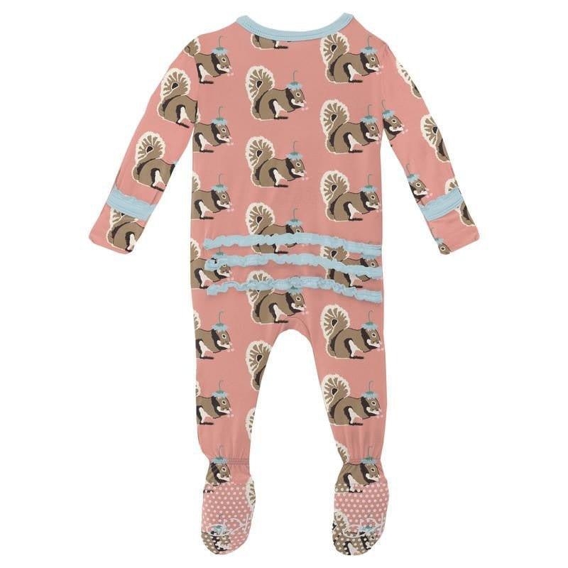 Girl's Print Bamboo Muffin Ruffle Footie with Zipper - Blush Squirrel with Flower Hat - Image 2