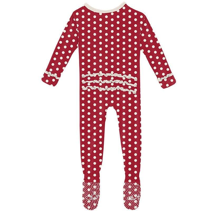 Girl's Print Bamboo Muffin Ruffle Footie with Zipper - Candy Apple Polka Dots - Image 2