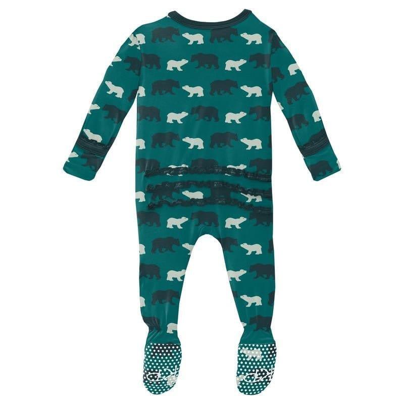 Girl's Print Bamboo Muffin Ruffle Footie with Zipper - Cedar Brown Bear (WCA22) - Image 2