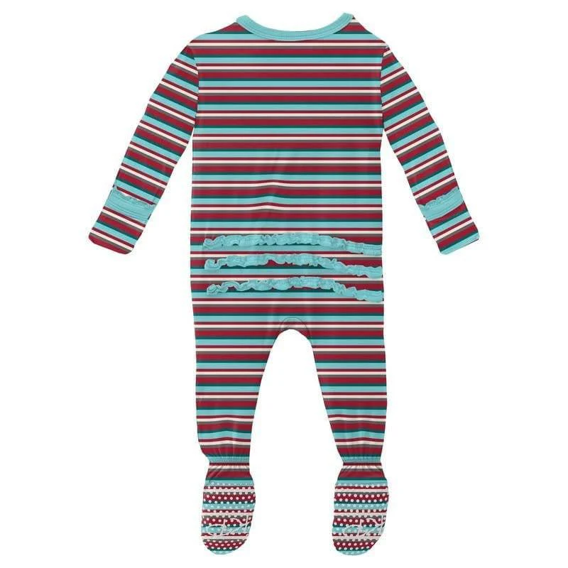 Girl's Print Bamboo Muffin Ruffle Footie with Zipper - Christmas Stripe (WCA22) - Image 2