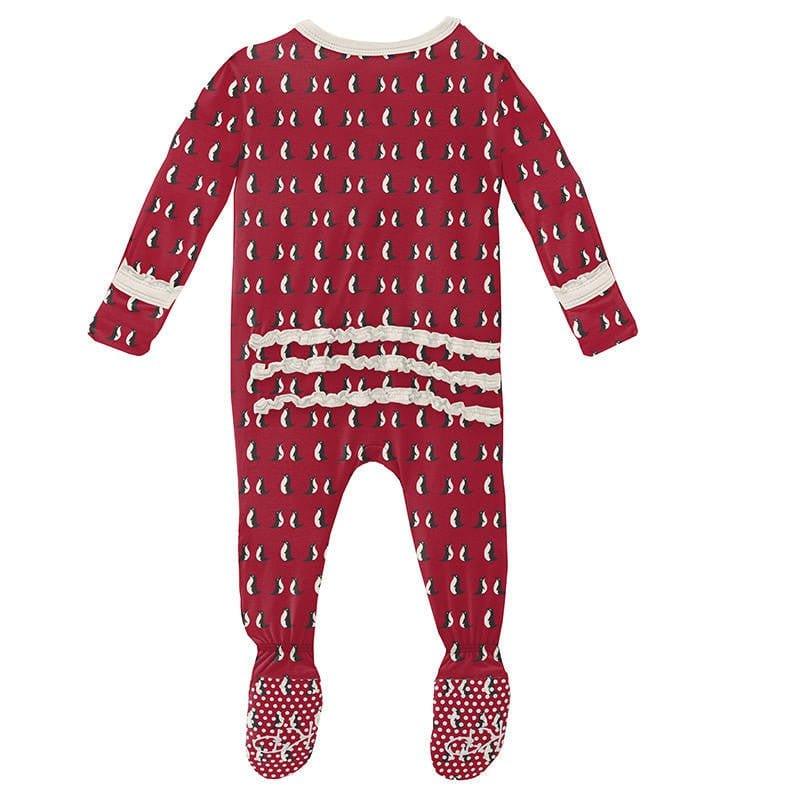 Girl's Print Bamboo Muffin Ruffle Footie with Zipper - Crimson Penguins - Image 2