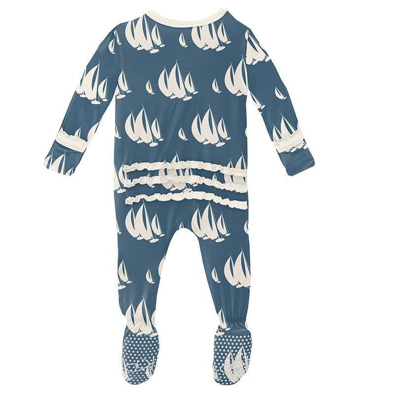 Girl's Print Bamboo Muffin Ruffle Footie with Zipper - Deep Sea Sailboat Race - Image 2
