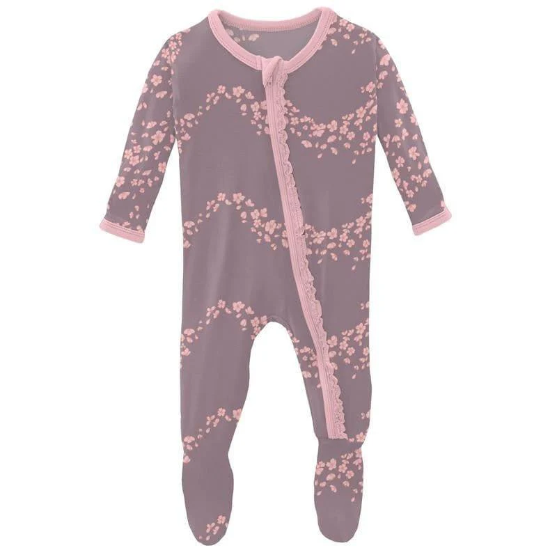 Girl's Print Bamboo Muffin Ruffle Footie with Zipper - Elderberry Sakura Wind