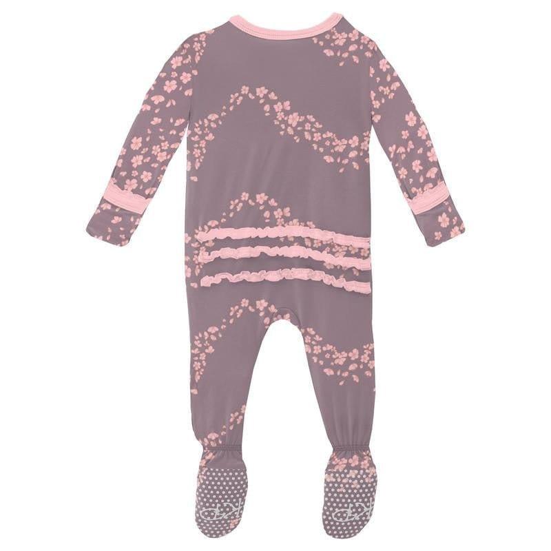 Girl's Print Bamboo Muffin Ruffle Footie with Zipper - Elderberry Sakura Wind - Image 2
