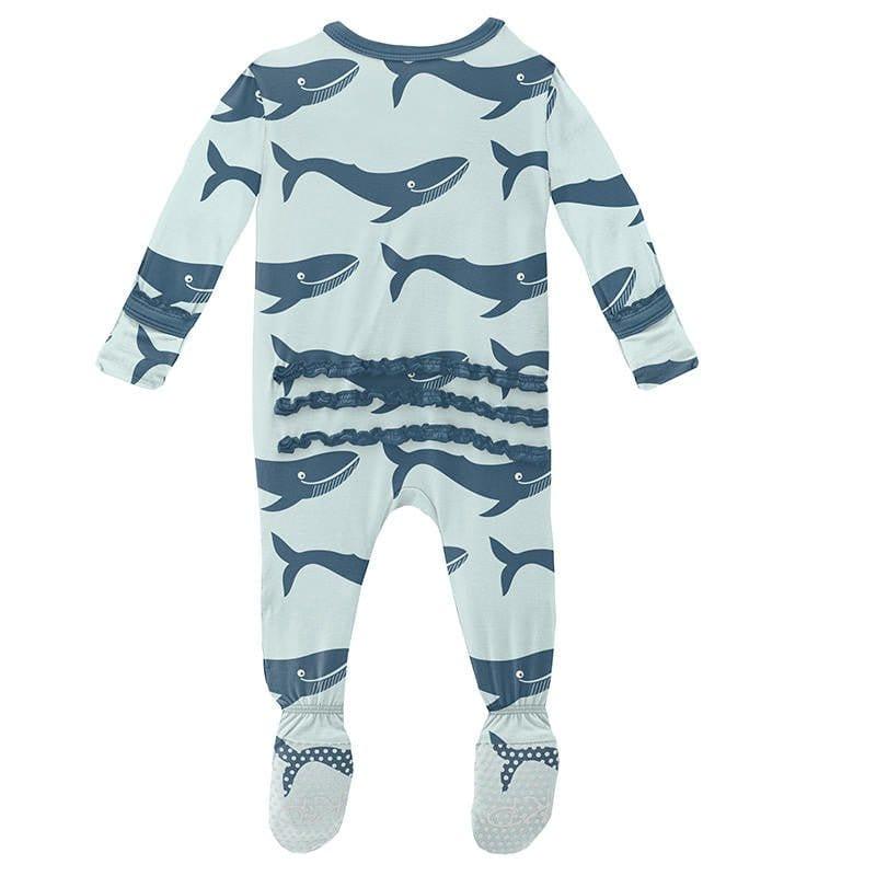 Girl's Print Bamboo Muffin Ruffle Footie with Zipper - Fresh Air Blue Whales - Image 2