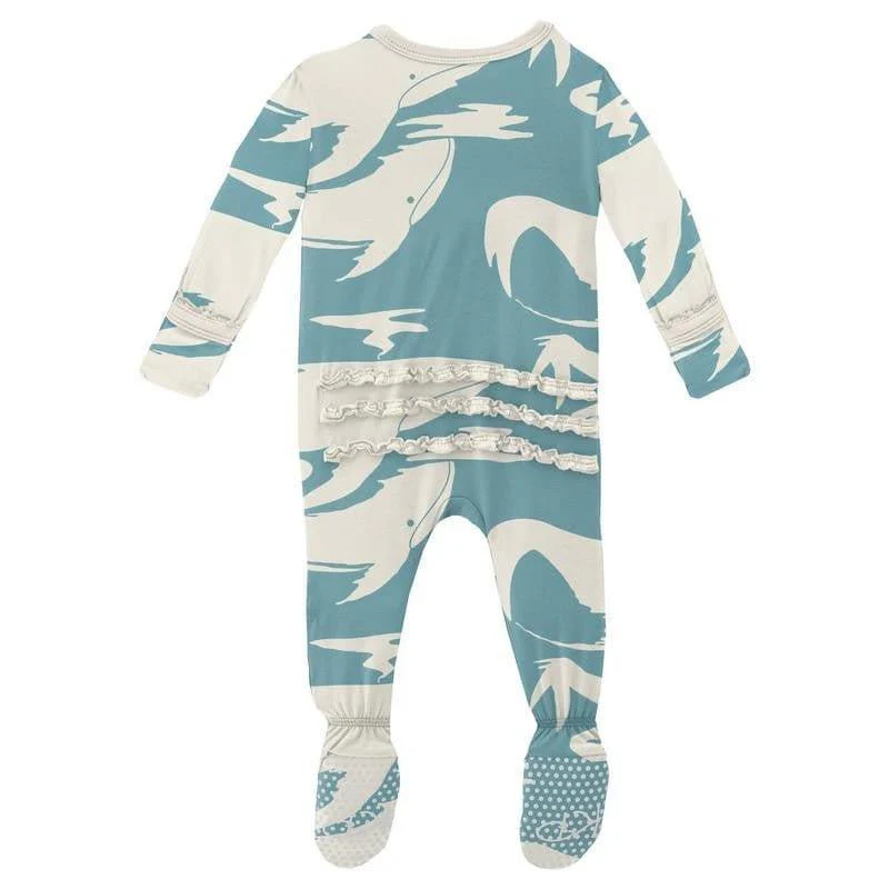 Girl's Print Bamboo Muffin Ruffle Footie with Zipper - Glacier Cloud Whales - Image 2