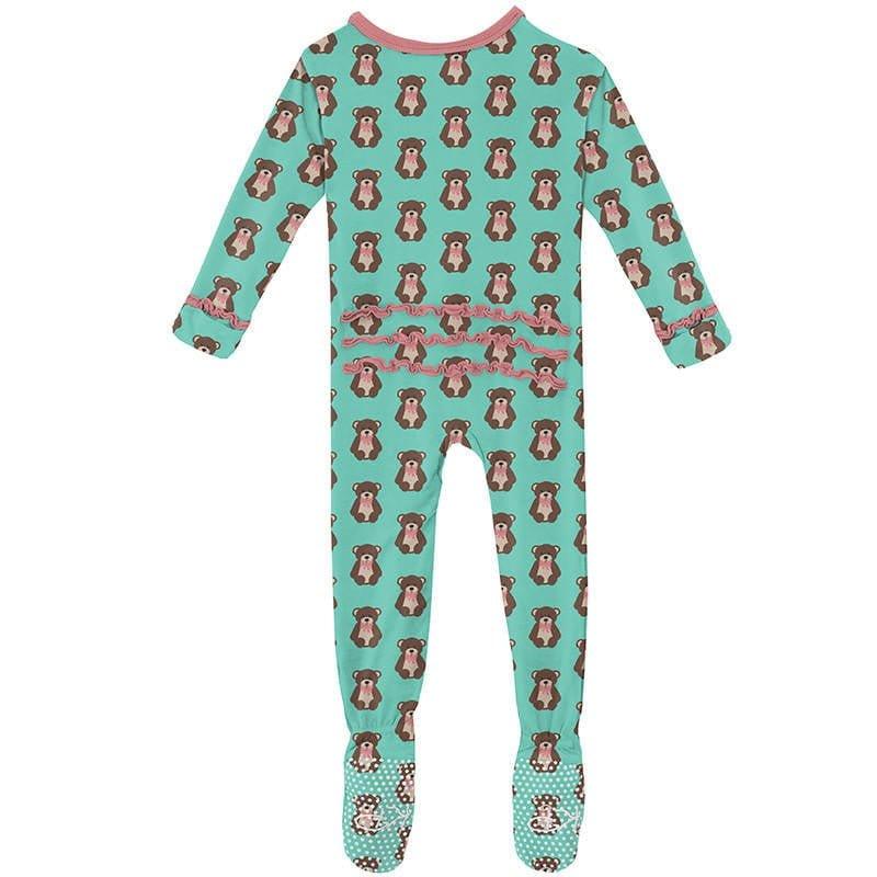 Girl's Print Bamboo Muffin Ruffle Footie with Zipper - Glass Teddy Bear - Image 2