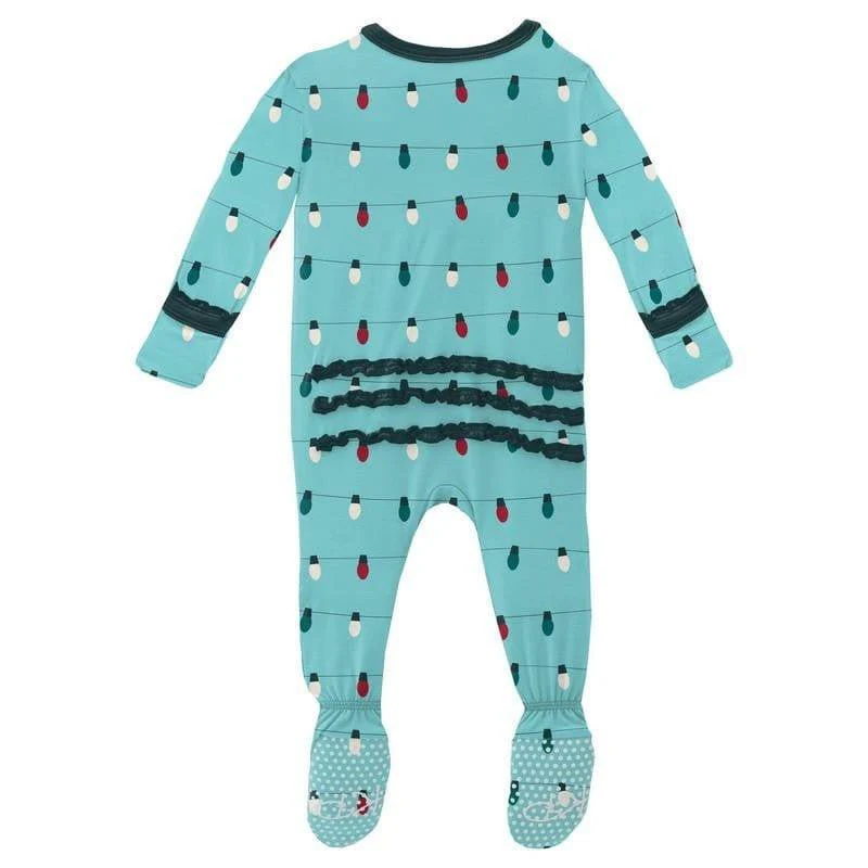 Girl's Print Bamboo Muffin Ruffle Footie with Zipper - Iceberg Holiday Lights (WCA22) - Image 2