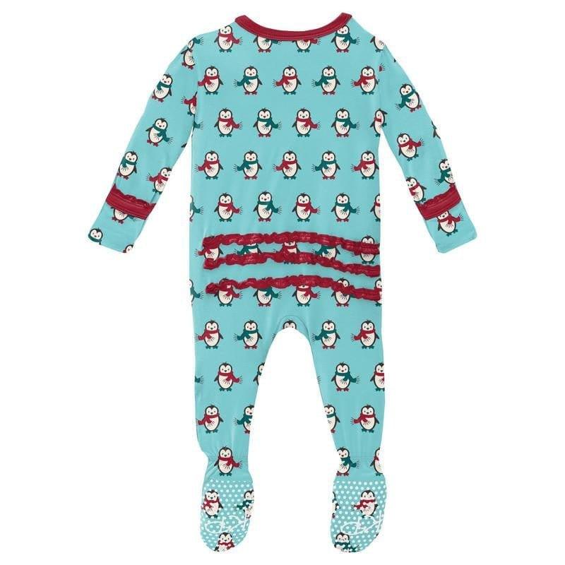Girl's Print Bamboo Muffin Ruffle Footie with Zipper - Iceberg Penguins (WCA22) - Image 2