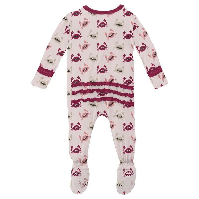 Girl's Print Bamboo Muffin Ruffle Footie with Zipper - Macaroon Crabs - Image 2