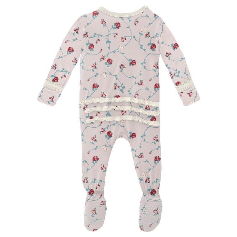 Girl's Print Bamboo Muffin Ruffle Footie with Zipper - Macaroon Floral Vines - Image 2