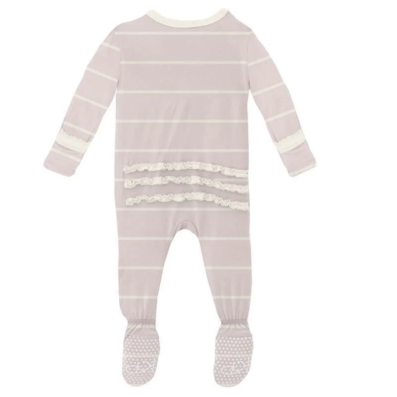 Girl's Print Bamboo Muffin Ruffle Footie with Zipper - Macaroon Road Trip Stripe - Image 2