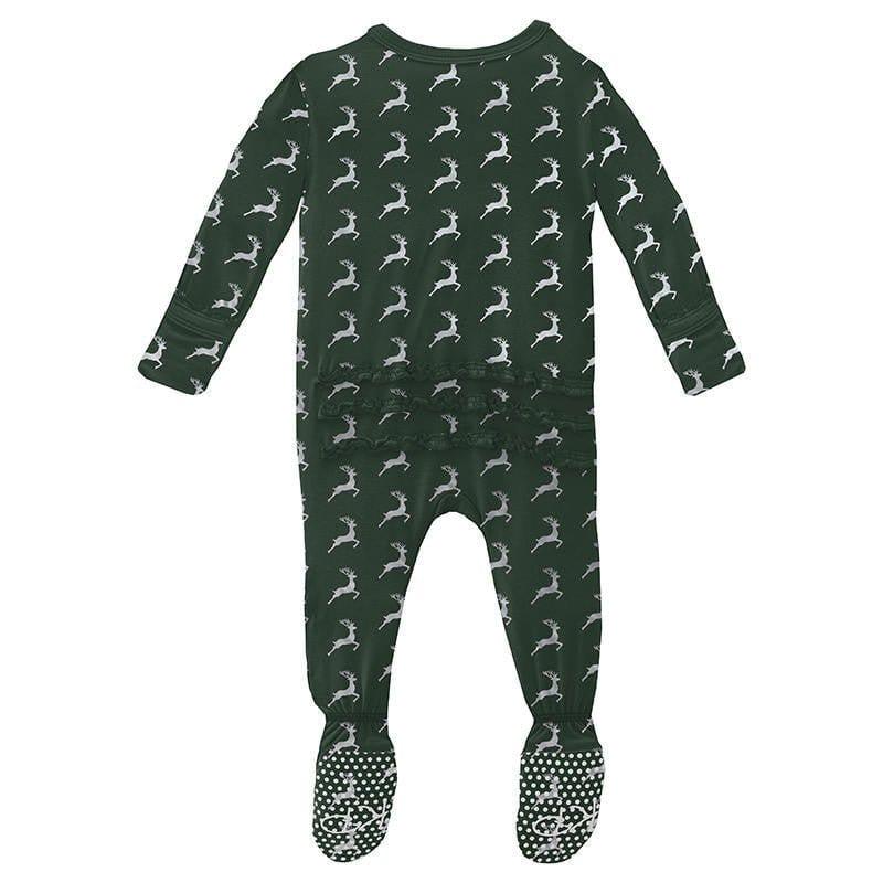 Girl's Print Bamboo Muffin Ruffle Footie with Zipper - Mountain View Reindeer - Image 2