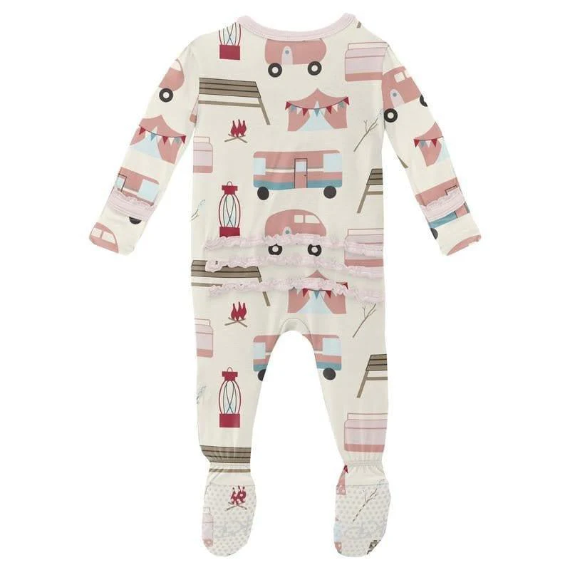 Girl's Print Bamboo Muffin Ruffle Footie with Zipper - Natural Camping - Image 2