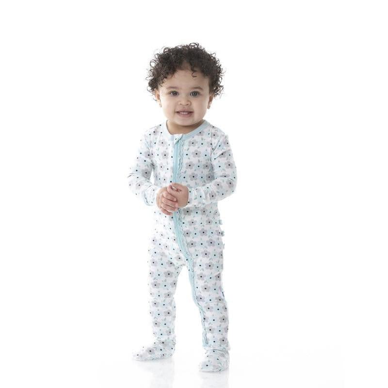 Girl's Print Bamboo Muffin Ruffle Footie with Zipper - Natural Hydrangea - Image 2