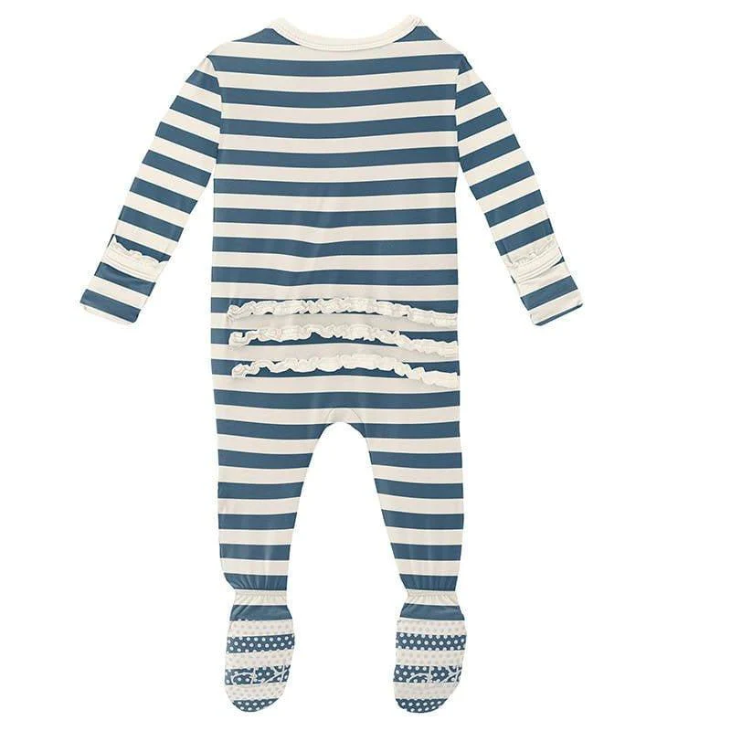 Girl's Print Bamboo Muffin Ruffle Footie with Zipper - Nautical Stripe - Image 3