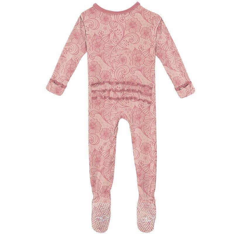 Girl's Print Bamboo Muffin Ruffle Footie with Zipper - Peach Blossom Lace - Image 2