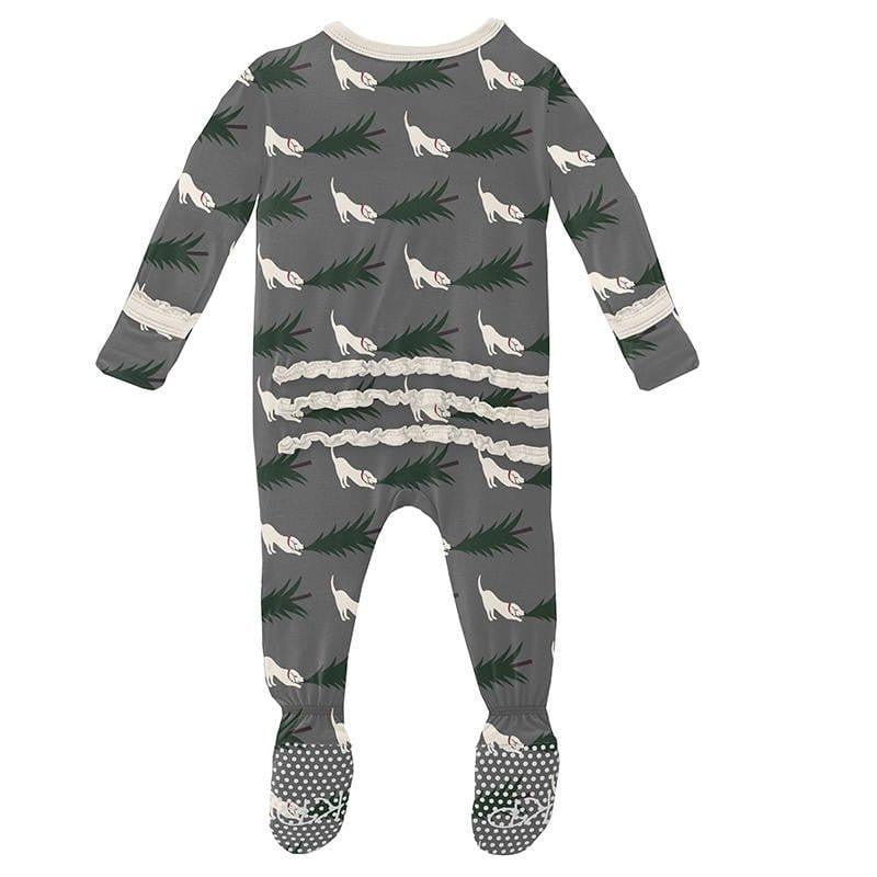Girl's Print Bamboo Muffin Ruffle Footie with Zipper - Pewter Christmas Tree Drag - Image 2