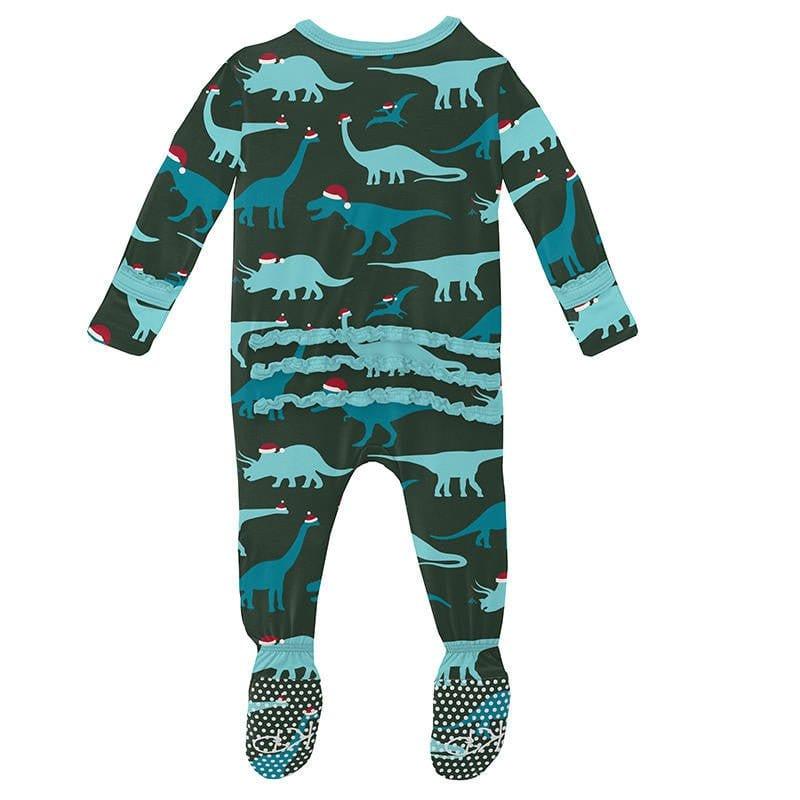 Girl's Print Bamboo Muffin Ruffle Footie with Zipper - Santa Dinos - Image 2