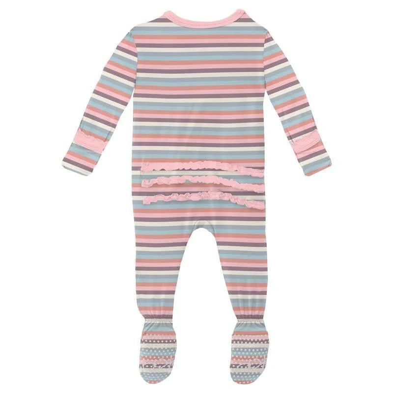 Girl's Print Bamboo Muffin Ruffle Footie with Zipper - Spring Bloom Stripe - Image 2