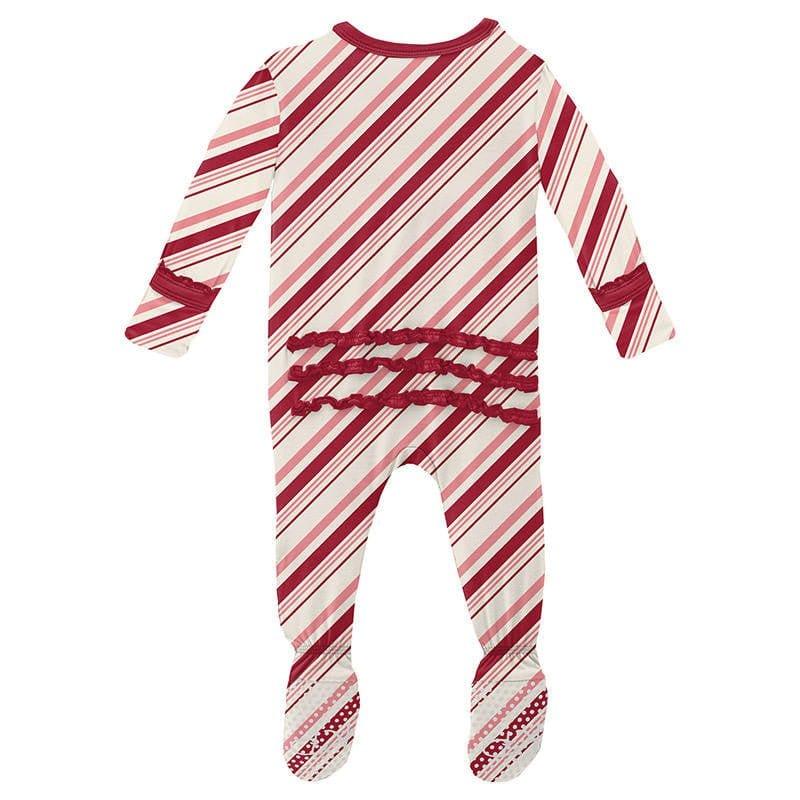 Girl's Print Bamboo Muffin Ruffle Footie with Zipper - Strawberry Candy Cane Stripe - Image 2