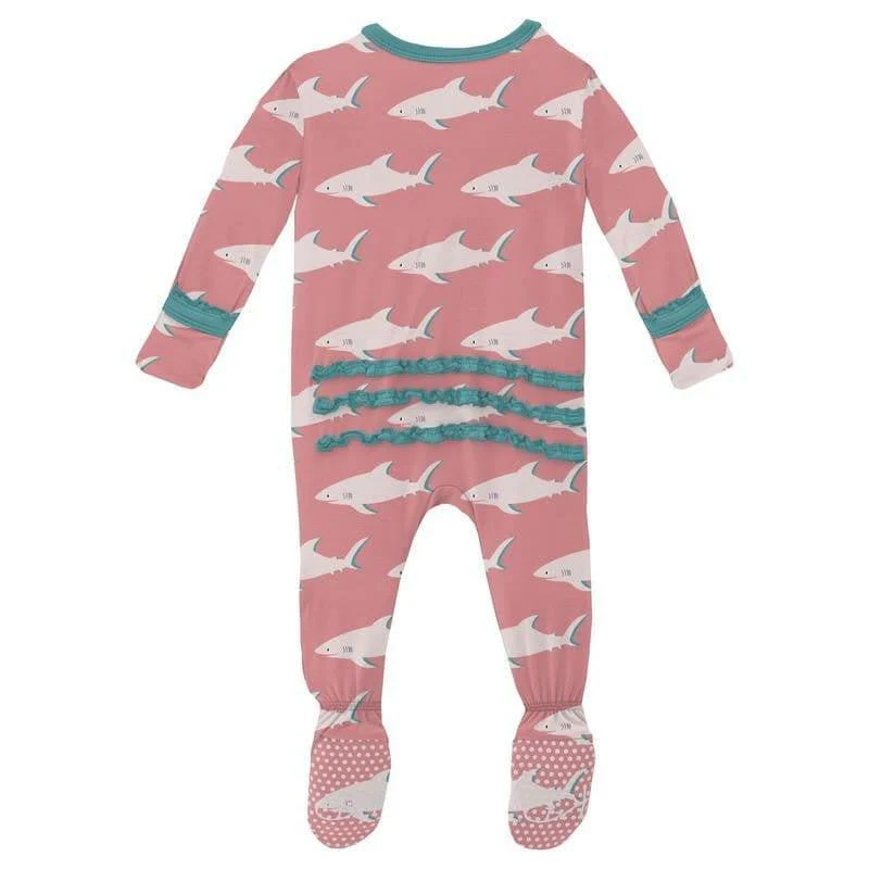 Girl's Print Bamboo Muffin Ruffle Footie with Zipper - Strawberry Sharky - Image 2