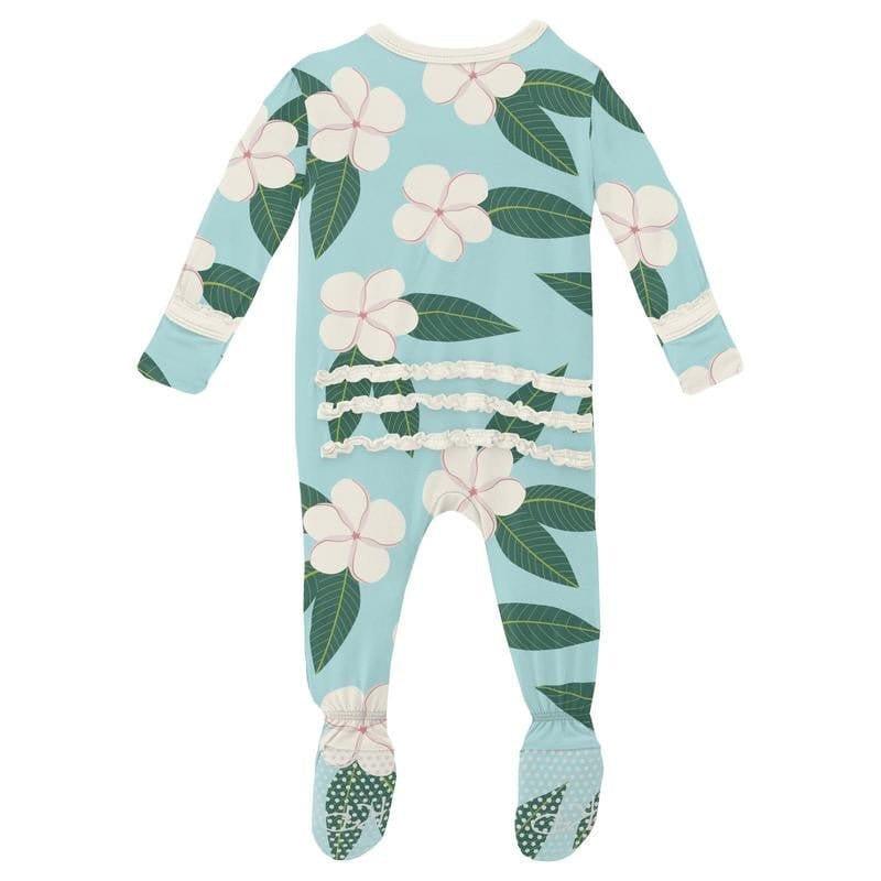 Girl's Print Bamboo Muffin Ruffle Footie with Zipper - Summer Sky Plumeria - Image 2