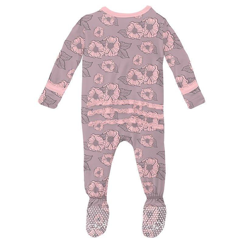 Girl's Print Bamboo Muffin Ruffle Footie with Zipper - Sweet Pea Poppies (15ANV) - Image 2
