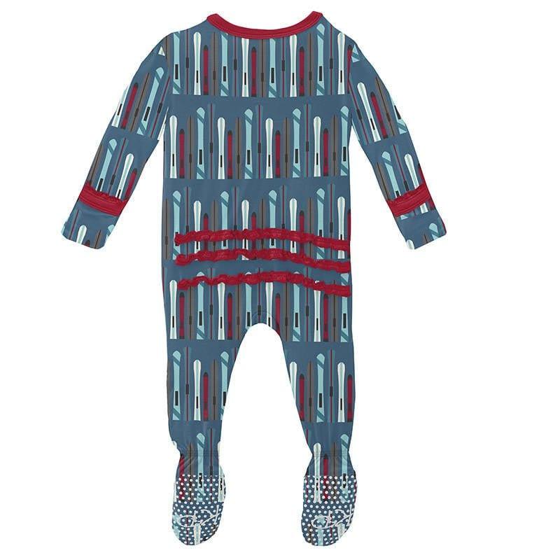 Girl's Print Bamboo Muffin Ruffle Footie with Zipper - Twilight Skis - Image 2