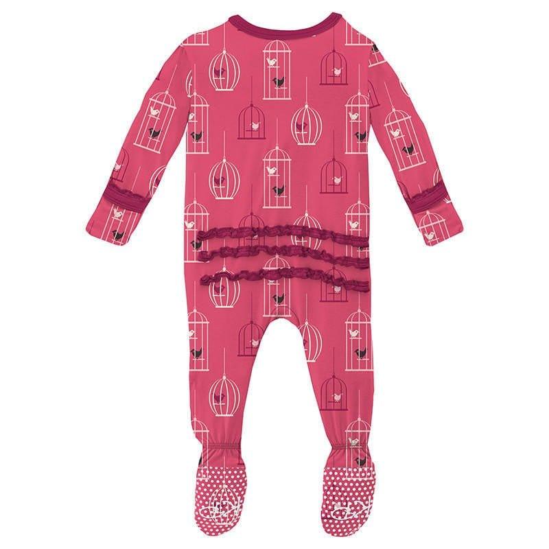 Girl's Print Bamboo Muffin Ruffle Footie with Zipper - Winter Rose Birdcage (15ANV) - Image 2