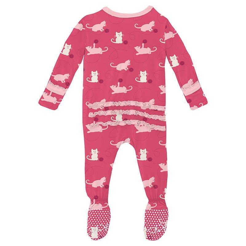 Girl's Print Bamboo Muffin Ruffle Footie with Zipper - Winter Rose Kitty (15ANV) - Image 2