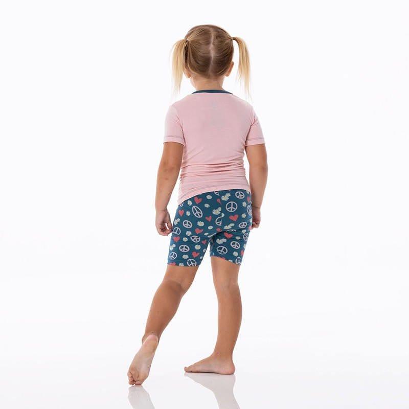 Girl's Print Bamboo Short Sleeve Graphic Tee Pajama Set with Shorts - Peace, Love and Happiness - Image 2