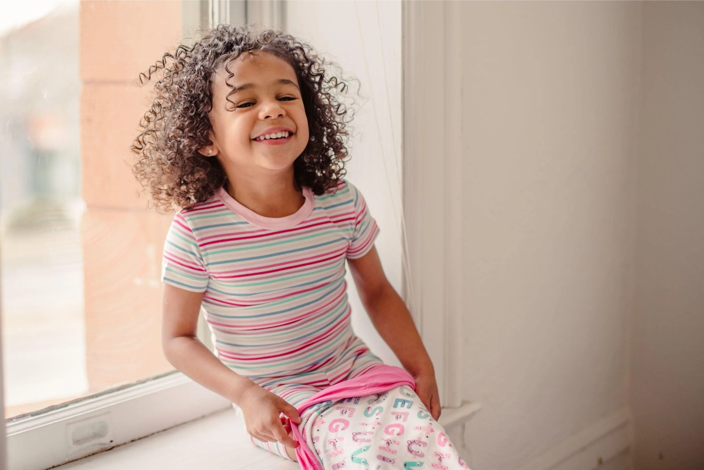 Girl's Print Bamboo Short Sleeve Pajama Set with Shorts - Make Believe Stripe - Image 2