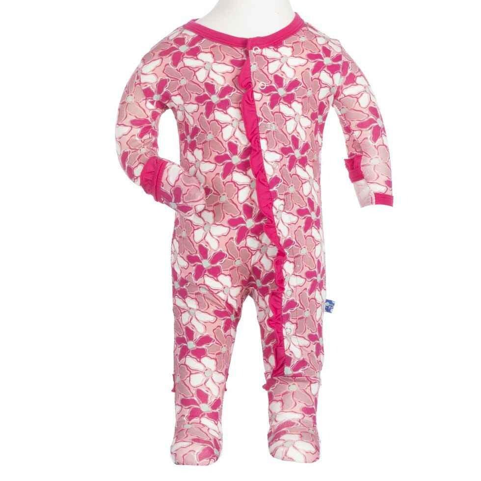 Girl's Bamboo Ruffle Footie with Snaps, Desert Flower