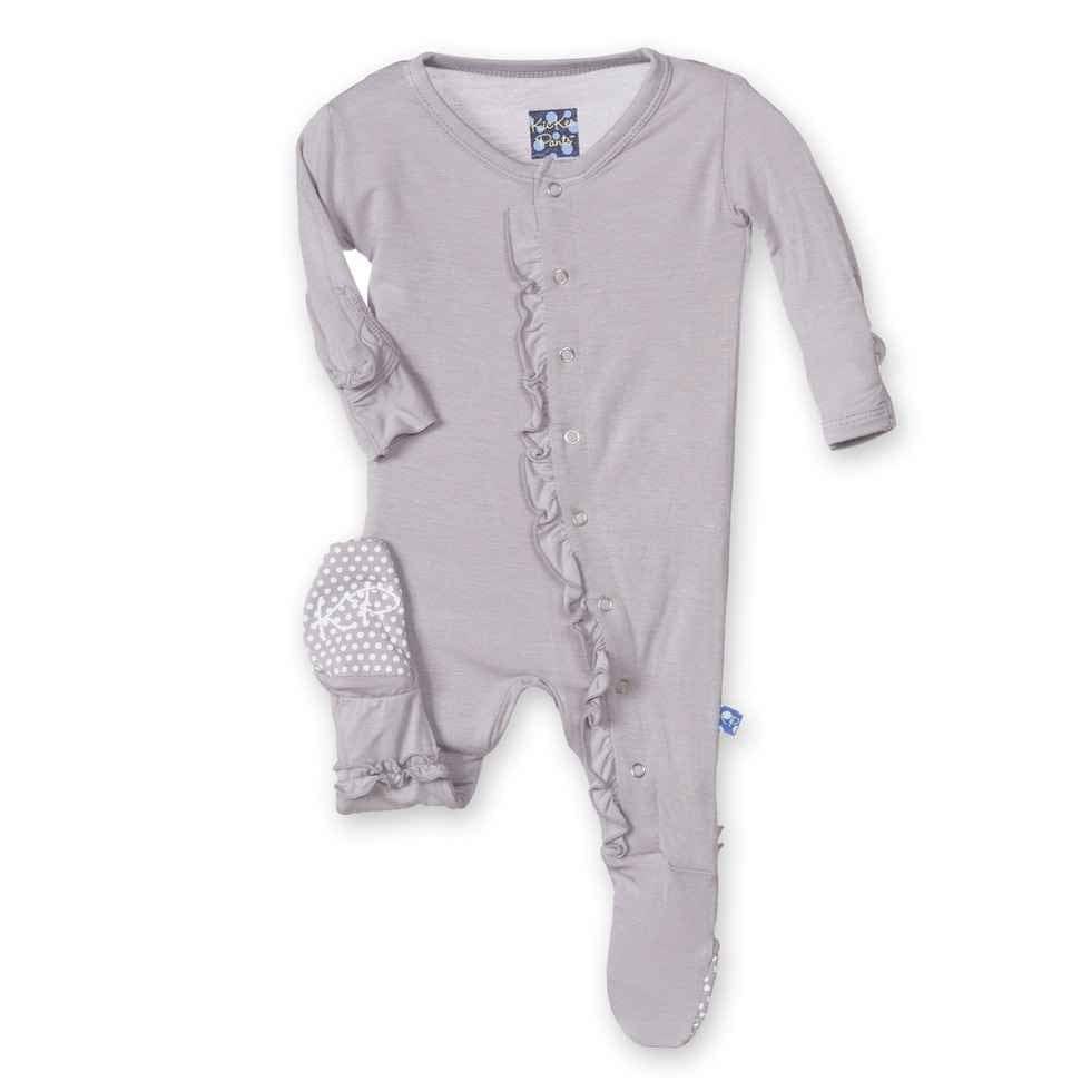 Girls Solid Bamboo Ruffle Footie with Snaps, Feather - Image 2