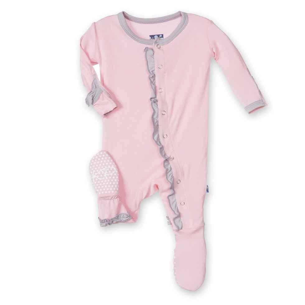 Girls Solid Bamboo Ruffle Footie, Lotus with Feather - Image 2