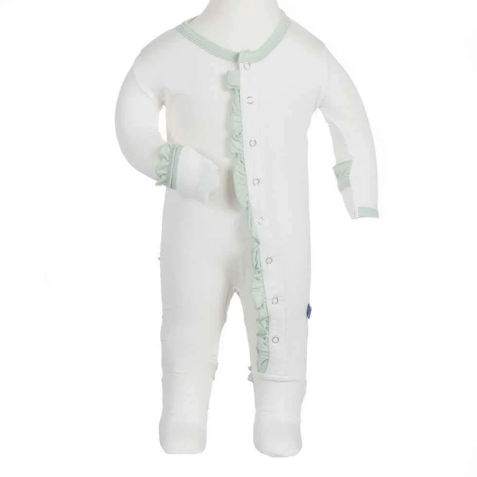 Girls Solid Bamboo Ruffle Footie with Snaps, Natural with Aloe - Image 2