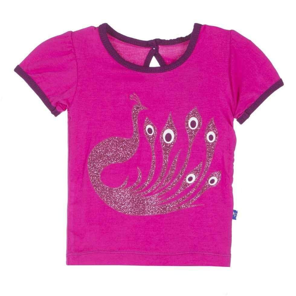 Girls Print Bamboo Short Sleeve Puff Tee, Calypso Peacock - Image 2