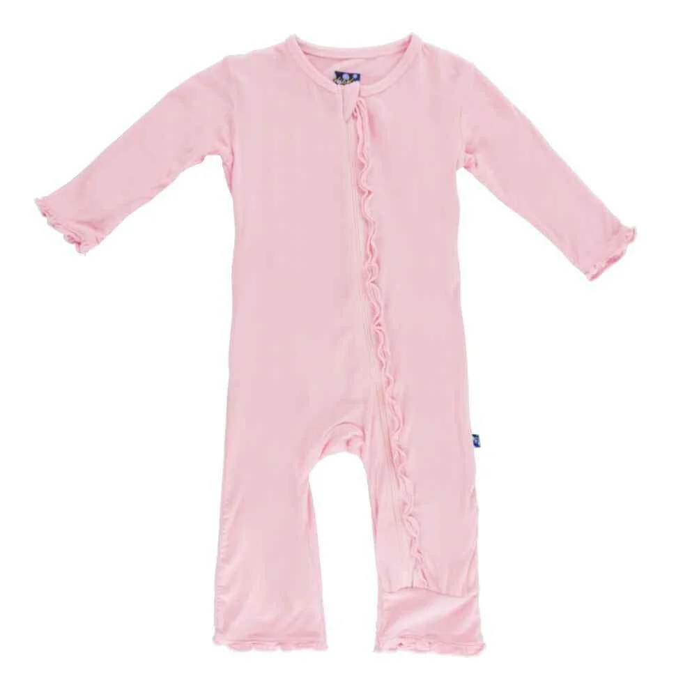 Girl's Solid Bamboo Muffin Ruffle Coverall with Zipper - Lotus