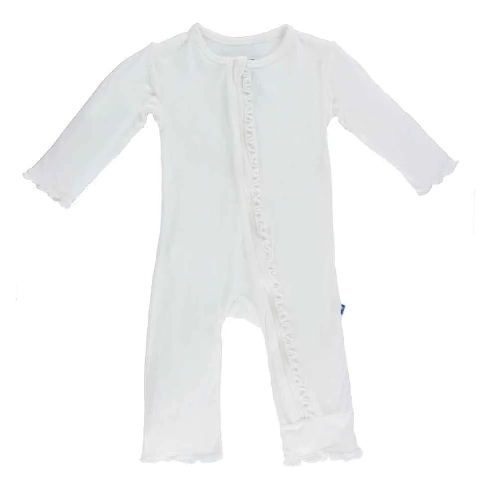 Girl's Solid Bamboo Muffin Ruffle Coverall with Zipper - Natural