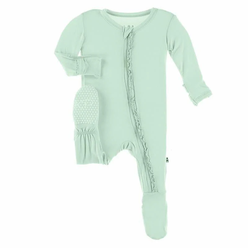 Girl's Solid Bamboo Muffin Ruffle Footie with Zipper - Pistachio