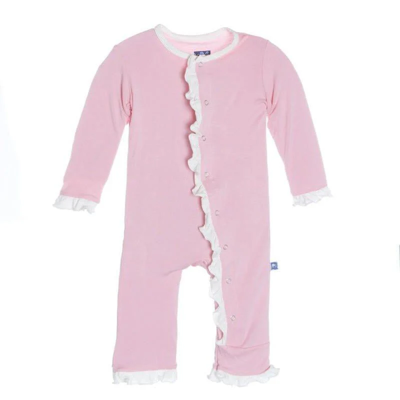 Girl's Solid Bamboo Ruffle Coverall with Snaps - Lotus with Natural Contrast Trim